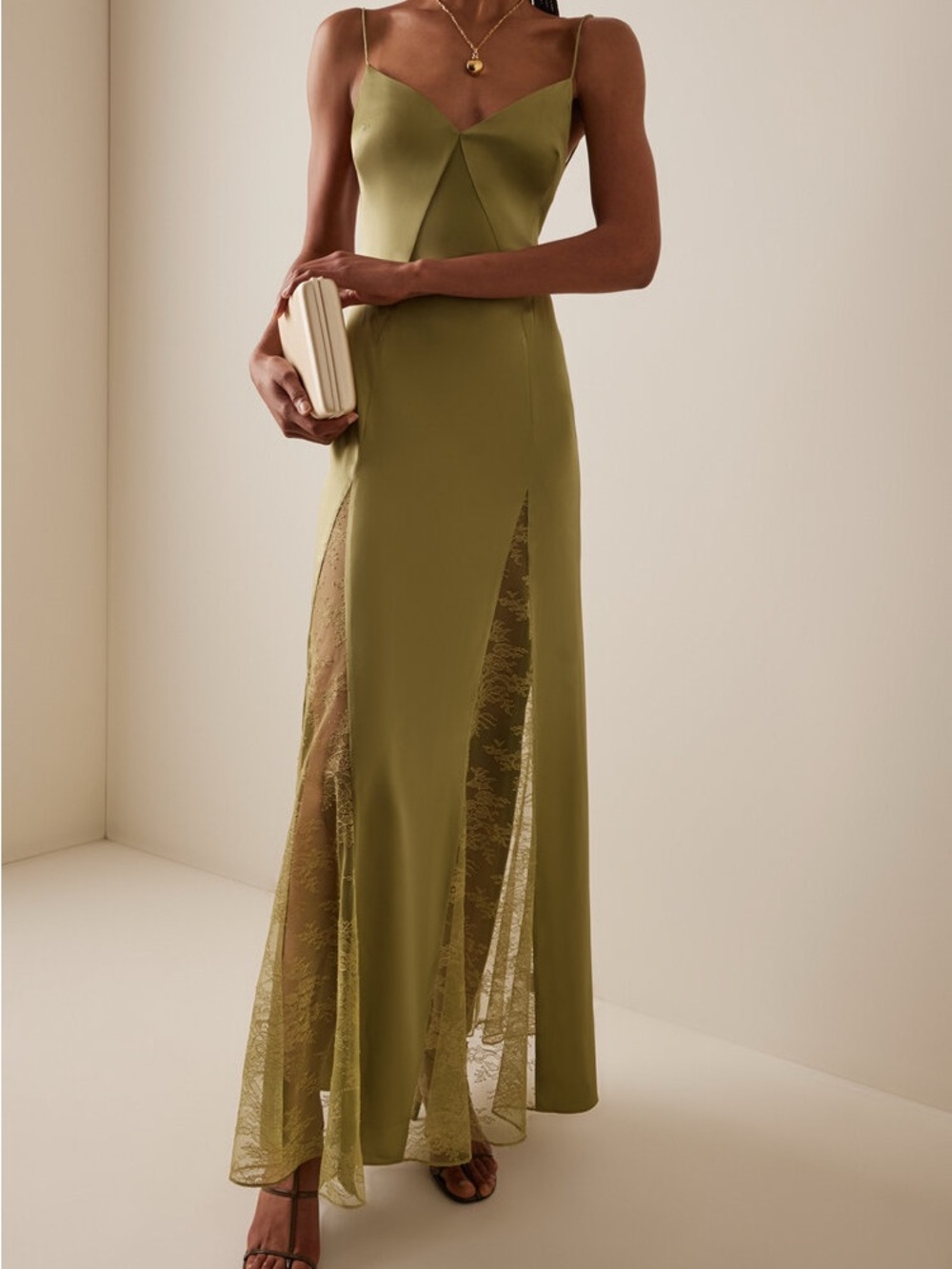 STAUD Trinity Lace-Inset Silk Maxi Slip Dress